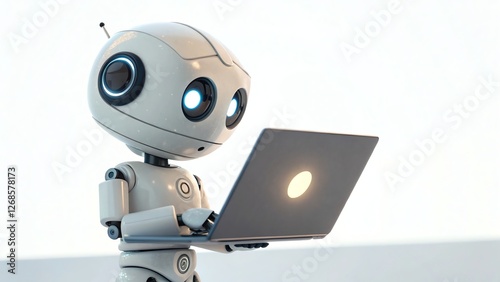 Obraz na płótnie Cute robot using laptop in modern environment.