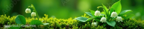 Green leaves and delicate white Lilie of the Valley flowers on a bed of moss, foliage, wildflower, garden