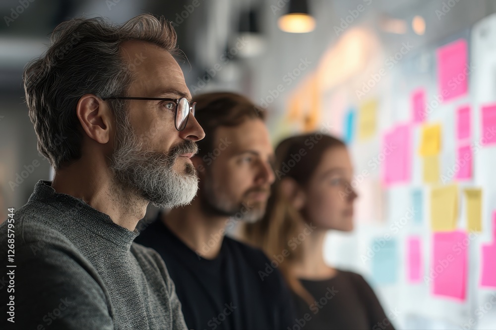 Man with glasses analyzing sticky notes on wall for project management and strategy optimization Man with glasses analyzing sticky notes on wall for project management and strategy optimization