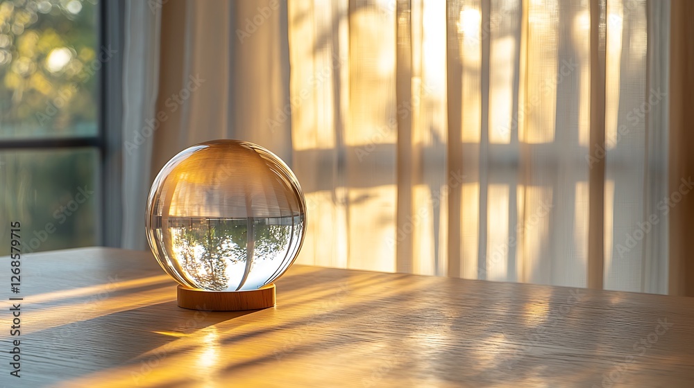 Crystal ball reflects sunset, sitting on wooden table near sheer curtains Crystal ball reflects sunset, sitting on wooden table near sheer curtains