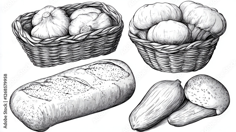 Black and white illustration of various bread loaves and rolls in baskets. Detailed line art depicts texture and shape of baked goods