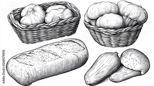 Black and white illustration of various bread loaves and rolls in baskets. Detailed line art depicts texture and shape of baked goods