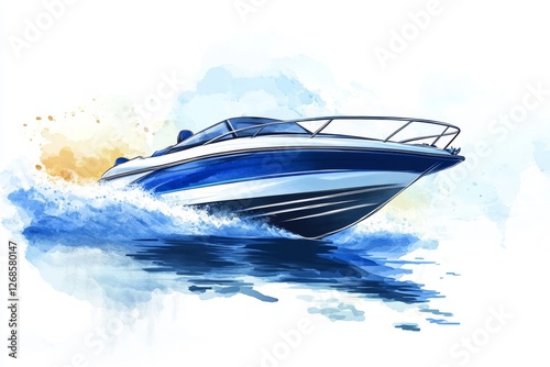 Speedboat cruising ocean sunset watercolor art