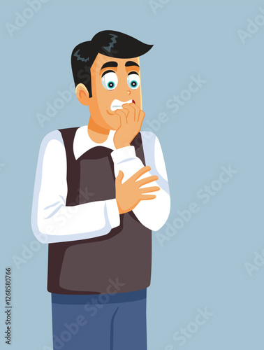 Stressed Nervous Man Biting His Nails Vector Cartoon Character. anxious guy fidgeting with his fingers while gnawing on his fingertips.

