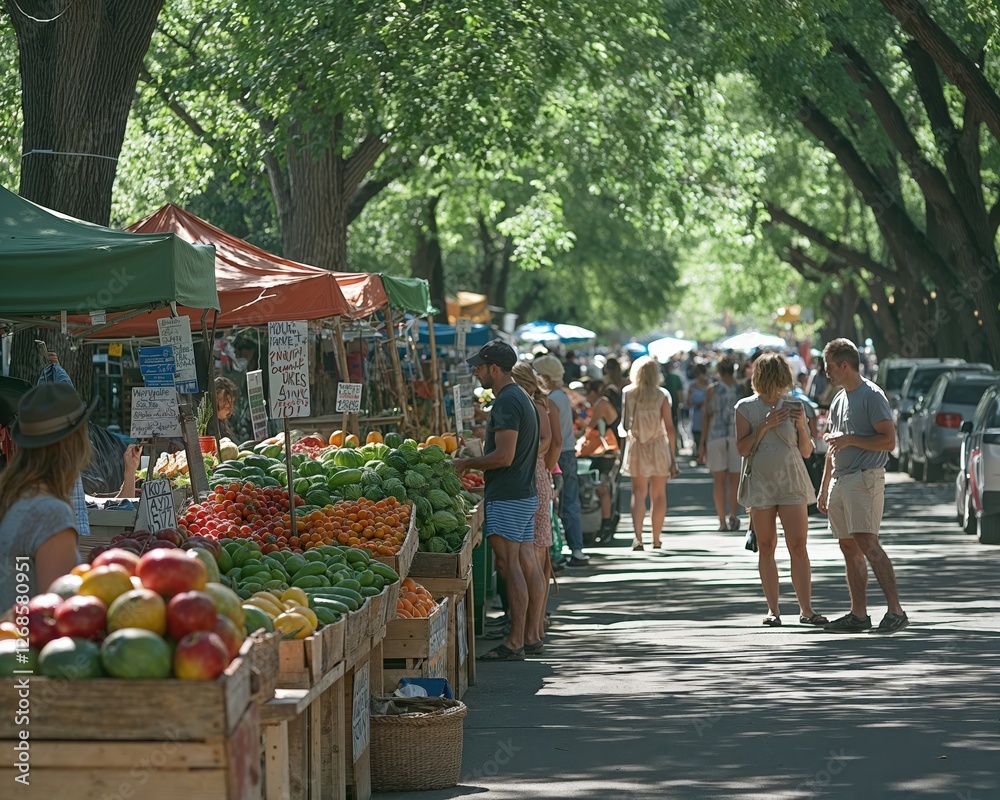 Naklejka premium Generative AI, Fresh organic produce beautifully arranged in rustic baskets and wooden stalls