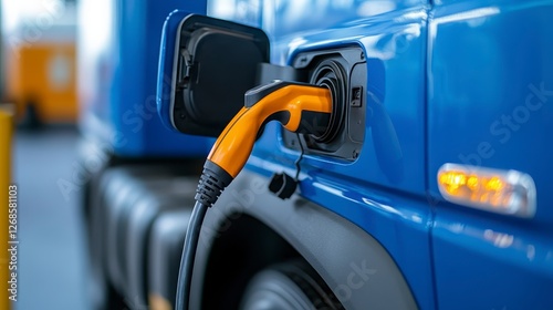 Wallpaper Mural Close up of an electric truck charging with orange cable. The truck is blue, the background is blurred and industrial. Focus is on the charging port Torontodigital.ca