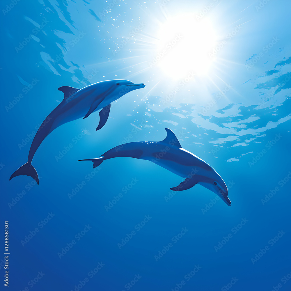 Fototapeta premium Two Dolphins Leap Gracefully Under Bright Sunlight in Blue Ocean