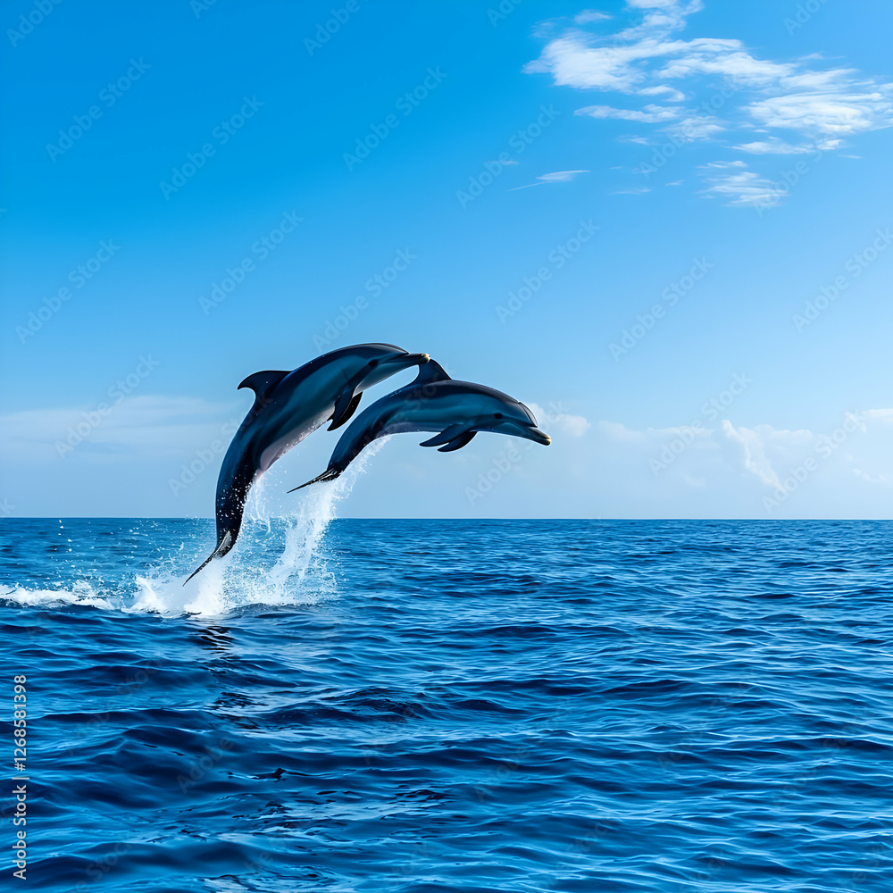 Fototapeta premium Two Dolphins Leaping in Blue Ocean Under Sunny Sky