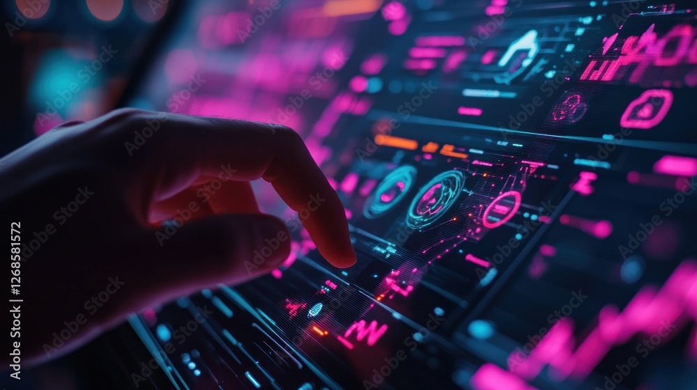 Obraz premium Finger Interacting With Futuristic Digital Interface Screen