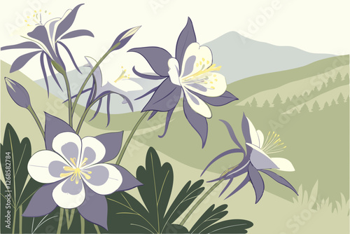 Clusters of Colorado columbines in shades of purple and white.
