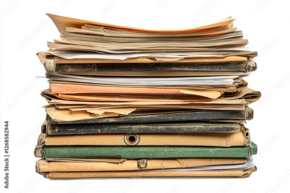 Old paper documents stacked, archive, office, storage, background white, for history, record keeping Old paper documents stacked, archive, office, storage, background white, for history, record keeping