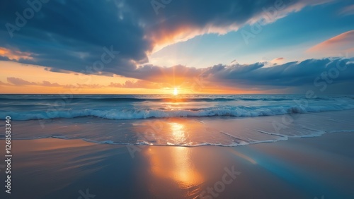 a sunrise on the water with sunlight coming from it's top left hand side