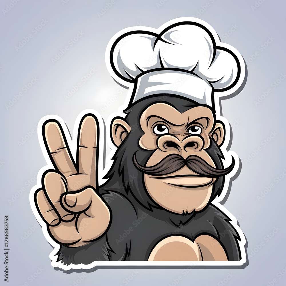 Gorilla Chef Cartoon Mascot, Peace Sign, Sticker Design Gorilla Chef Cartoon Mascot, Peace Sign, Sticker Design