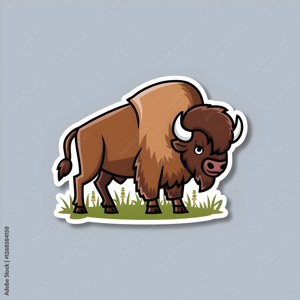 Cute Bison Sticker Design Wild Animal, Grassland, Brown Fur, Cartoon Cute Bison Sticker Design Wild Animal, Grassland, Brown Fur, Cartoon