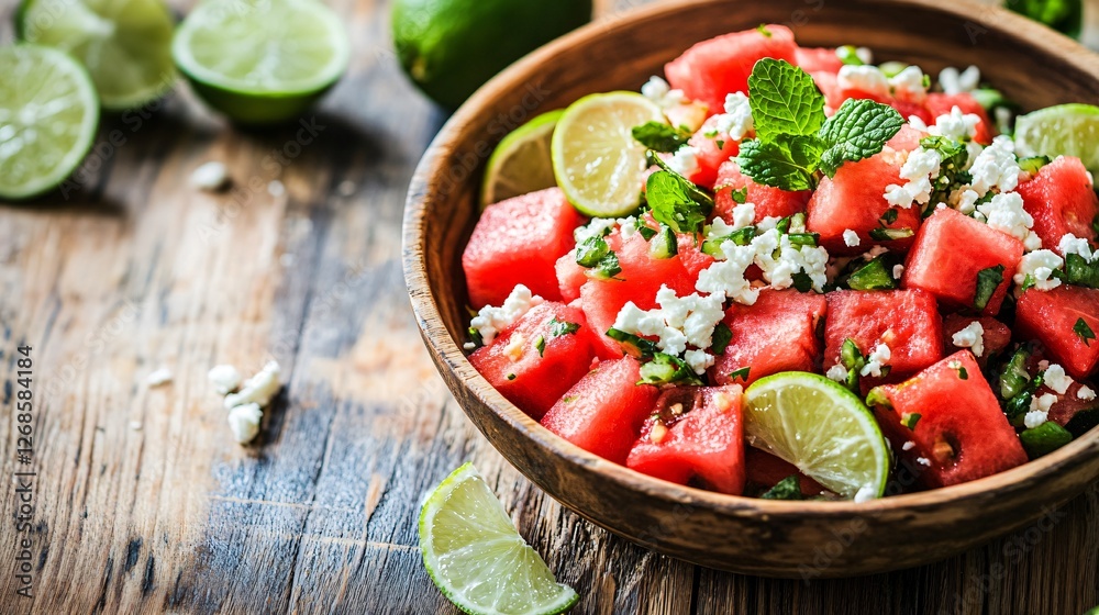 A farmhouse-style wooden table with a large rustic bowl of watermelon and mint salad, featuring fresh lime wedges and crumbled feta cheese A farmhouse-style wooden table with a large rustic bowl of watermelon and mint salad, featuring fresh lime wedges and crumbled feta cheese