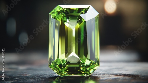 Emerald green gemstone, close-up, on dark surface, showcasing brilliance, for jewelry design photo