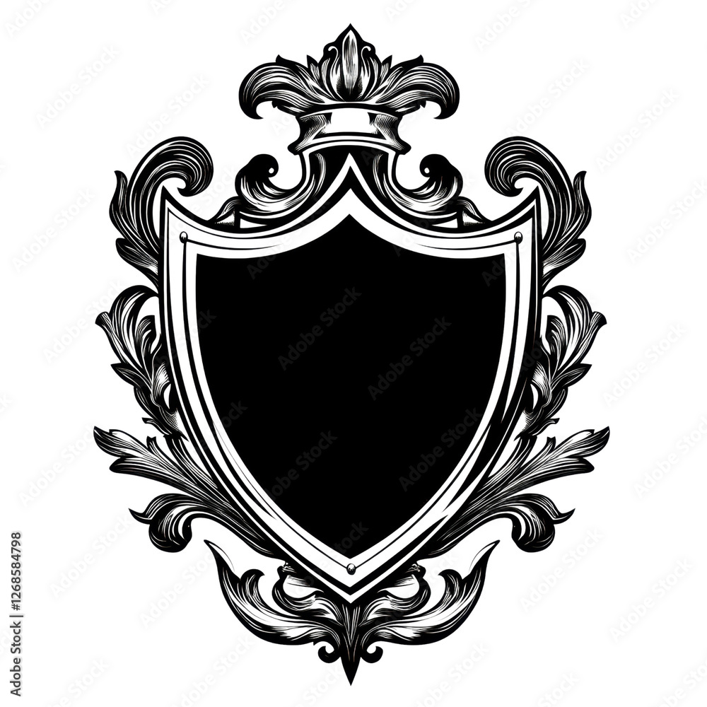 Fototapeta premium Ornamental black shield design, white isolated background