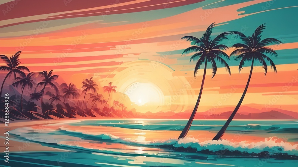 Fototapeta premium the sunset is rising on the water with palm trees in the foreground, and people walking