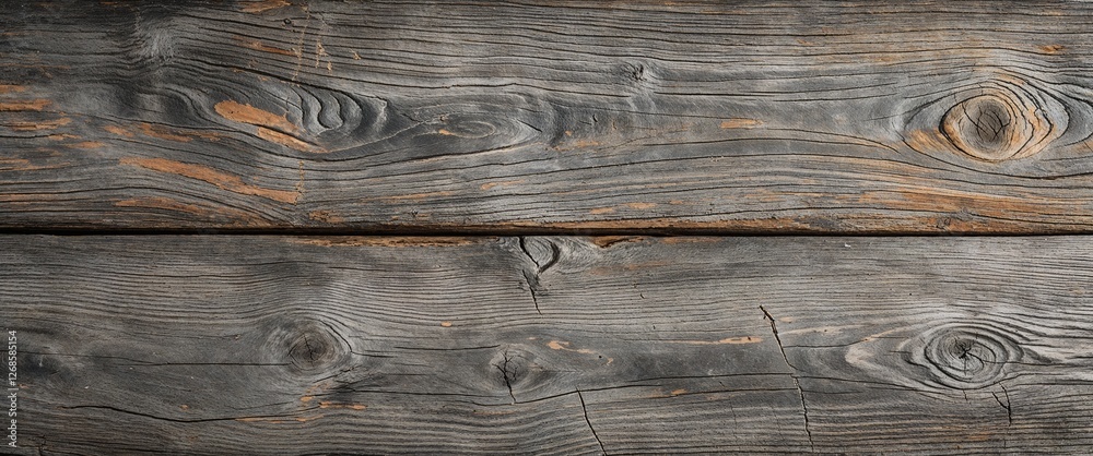 Fototapeta premium The wood appears aged and weathered, with visible grain patterns and numerous scratches and marks across its surface. The color is a mix of gray and brown tones, suggesting exposure to the elements ov