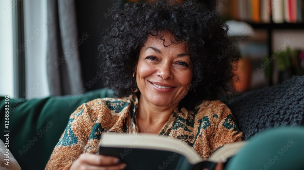 Happy relaxed 45 years black old woman sitting on sofa at home reading book. Smiling middle aged lady posing in living room. Mature older female with curly hair relaxing on couch enjoying chill