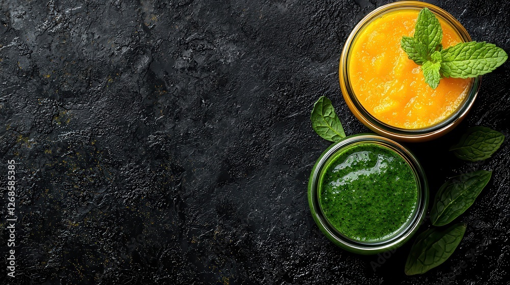 Refreshing Green and Orange Smoothies on Dark Background Refreshing Green and Orange Smoothies on Dark Background