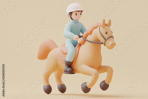 A pastel 3D cartoon horse rider in motion wearing a helmet. Whimsical equestrian scene featuring soft shapes, gentle colors, and a playful sporting concept.
