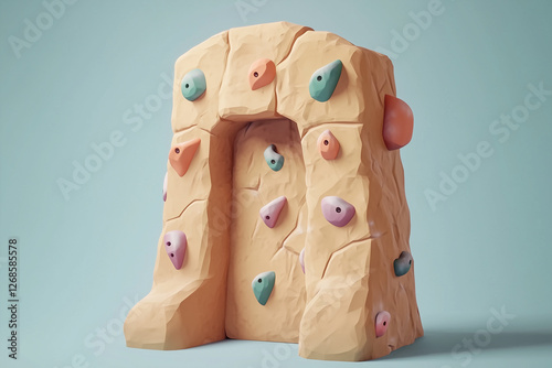 A pastel 3D artificial climbing wall with colorful holds. Whimsical sports scene featuring soft shapes, playful design, and a stylized adventure concept.
