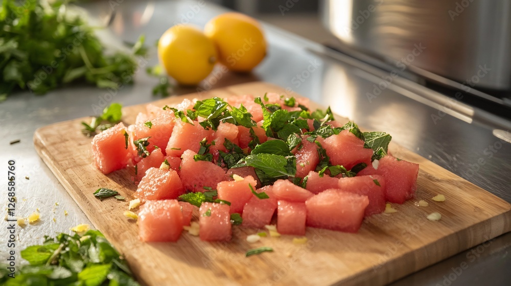 A homestyle kitchen counter where a chef is preparing watermelon and mint salad, with fresh herbs and citrus zest scattered on a wooden board A homestyle kitchen counter where a chef is preparing watermelon and mint salad, with fresh herbs and citrus zest scattered on a wooden board