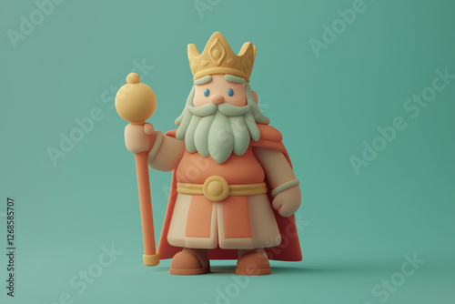 A pastel 3D cartoon king with a crown and royal beard. Whimsical character design featuring soft shapes, friendly expression, and a playful fantasy ruler.
