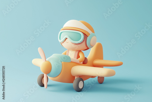 A pastel 3D cartoon pilot flying a small airplane. Whimsical aviation scene featuring soft shapes, joyful expression, and a playful travel adventure.
