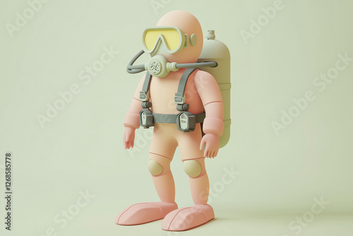 A pastel 3D cartoon scuba diver swimming with gear and flippers. Whimsical underwater scene featuring soft shapes, playful exploration, and a gentle aquatic adventure.
