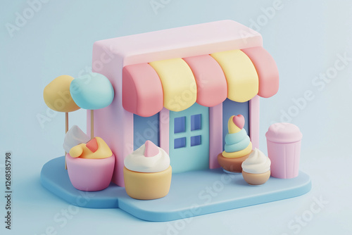 A pastel 3D ice cream shop with colorful awnings and sweet treats. Whimsical storefront scene featuring soft shapes, playful desserts, and a charming confectionery setting.
