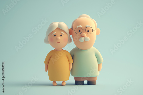 A pastel 3D cartoon elder couple with glasses and a warm smile. Whimsical elderly character featuring soft shapes, gentle colors, and a playful family theme.
