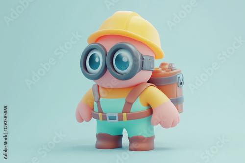 3d cartoon style miner with hard hat on pastel background, Cute construction worker with safety hat.