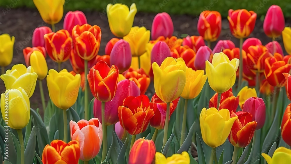 Fototapeta premium there are many different color tulips that are in the flowers that bloom outside