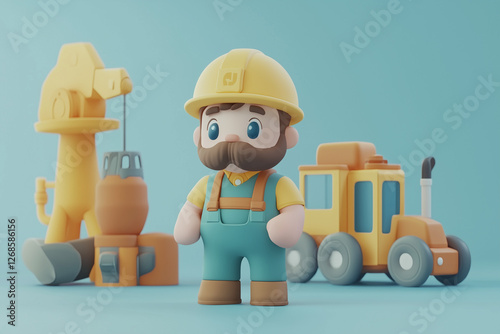 3d cartoon style construction worker with yellow hard hat in construction site, Labor in building site.