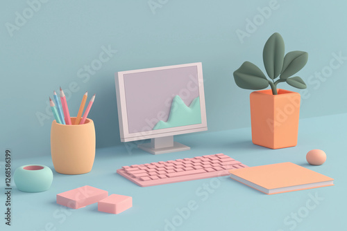 3D pastel home office desk with computer, books, and stationery arranged in a neat setup.
A charming workspace diorama styled in soft pink and yellow tones.
