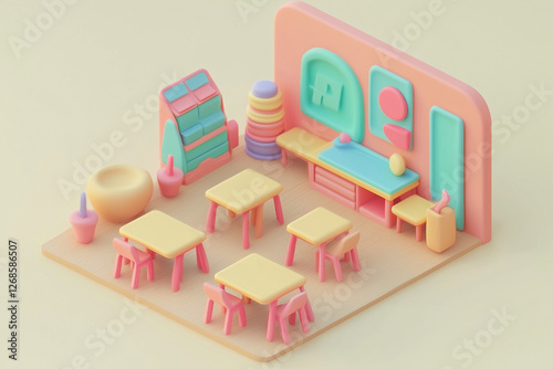 3D pastel empty classroom with desks, chairs and bulletin boards in soft colors.
A calm academic setting symbolizing learning space, preparation and childhood education.
