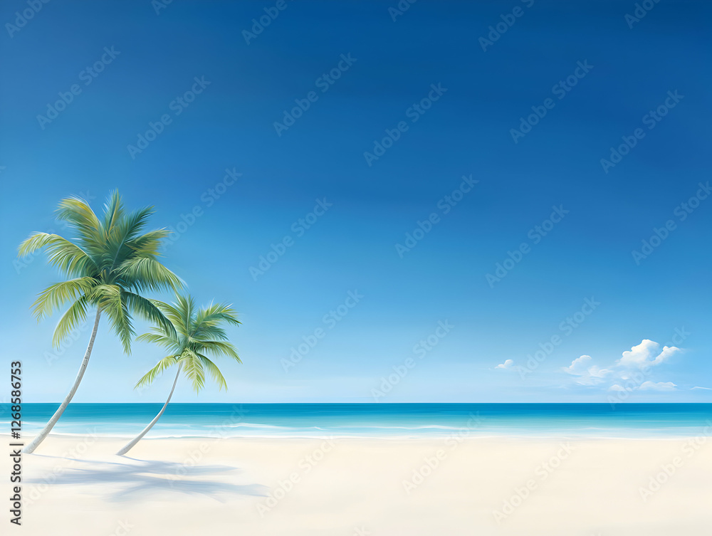 Obraz premium Two Palm Trees on a White Sandy Beach Under a Vivid Blue Sky