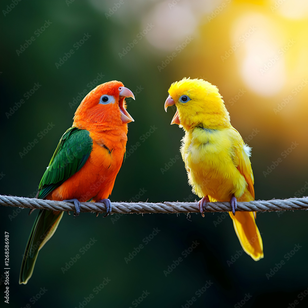 Two Parrots Perched on a Rope at Sunset Two Parrots Perched on a Rope at Sunset