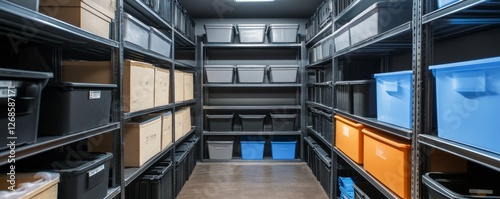 Organized storage room with shelves, boxes, and bins