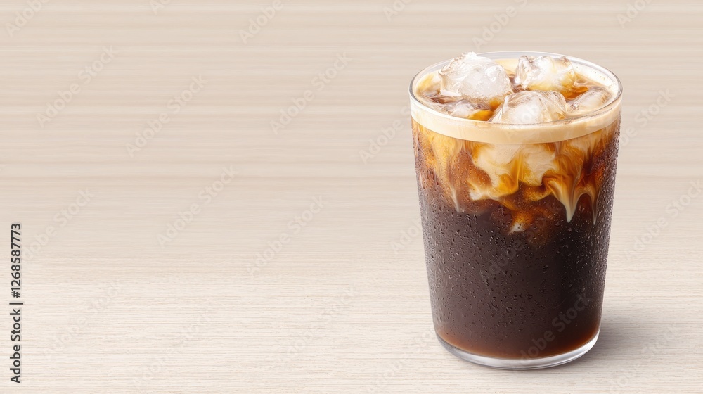 Iced coffee in glass on light wooden table. Use for menu, drink advertisement Iced coffee in glass on light wooden table. Use for menu, drink advertisement