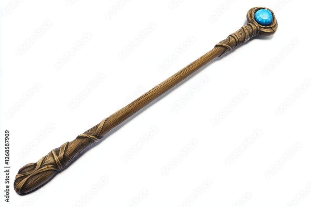 Wooden staff, turquoise gem, fantasy design, isolated, game asset Wooden staff, turquoise gem, fantasy design, isolated, game asset