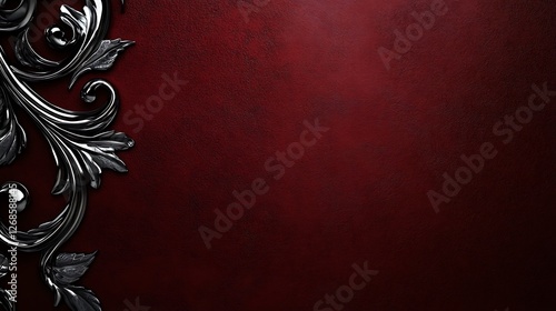 Ornate silver filigree design on a deep red background