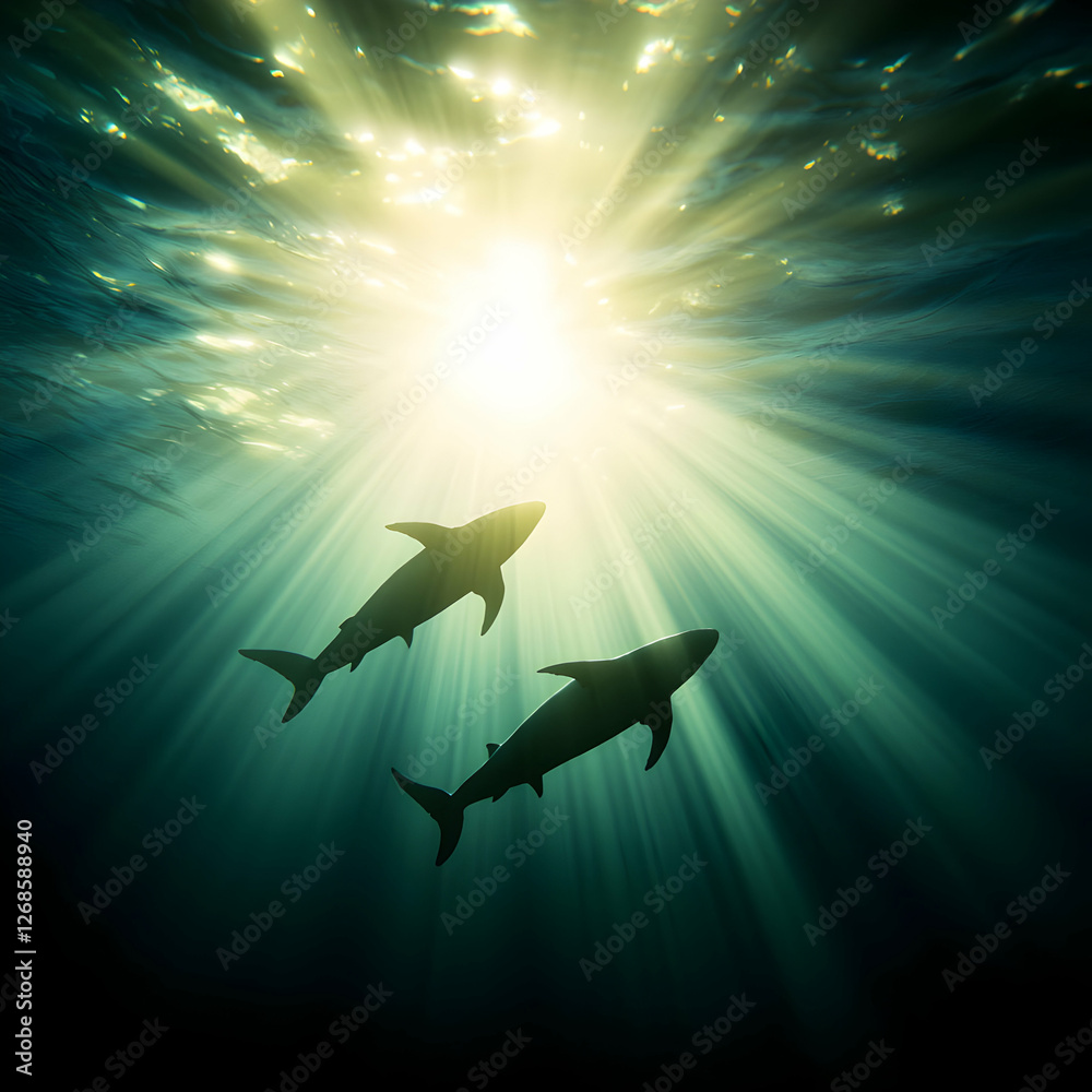 Obraz premium Two Silhouetted Sharks Swimming Underwater in Sunlight
