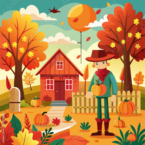 Autumn farm scene with a farmer