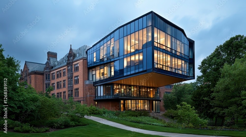Modern glass building addition to a brick building at dusk. Landscaped grounds surround the structure. Warm interior lighting is visible through the Modern glass building addition to a brick building at dusk. Landscaped grounds surround the structure. Warm interior lighting is visible through the
