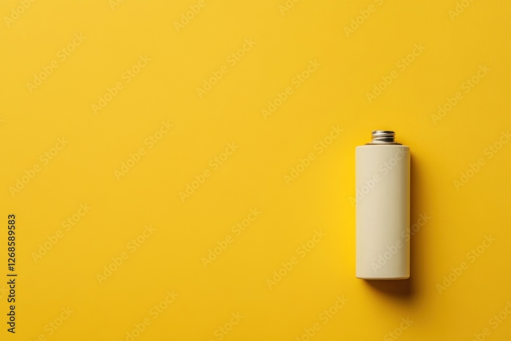 Cream colored bottle with metal cap on a yellow background Cream colored bottle with metal cap on a yellow background