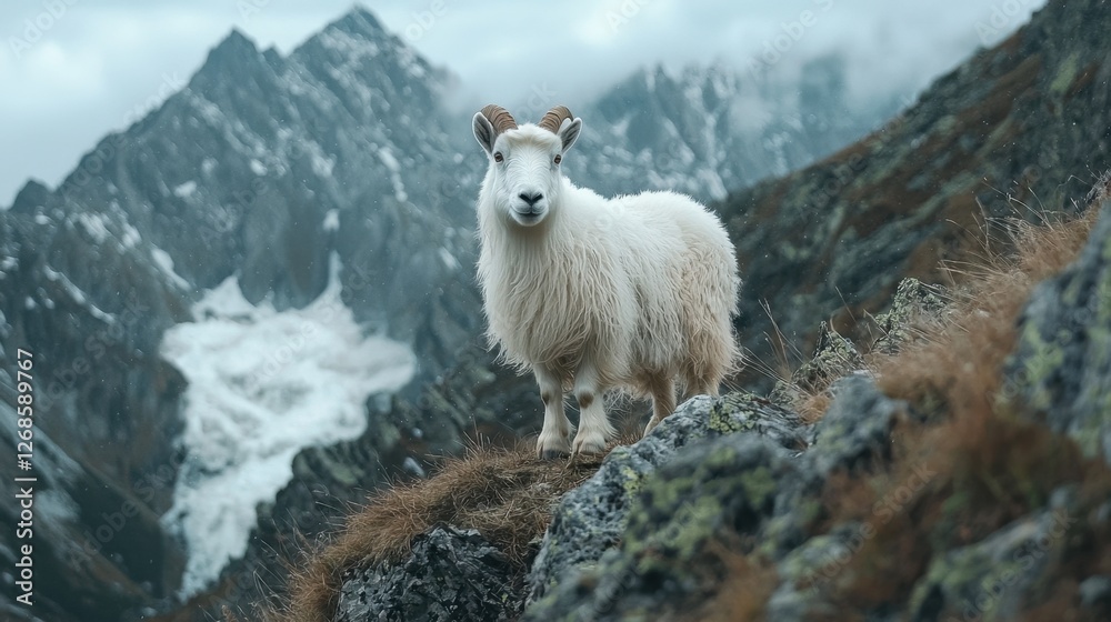 A mountain goat is perched confidently on rocky terrain, surrounded by majestic snow-capped mountains. Overcast clouds create a dramatic atmosphere in the highland landscape A mountain goat is perched confidently on rocky terrain, surrounded by majestic snow-capped mountains. Overcast clouds create a dramatic atmosphere in the highland landscape