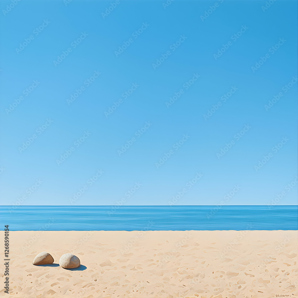 Two Stones on Sandy Beach Under a Clear Blue Sky Two Stones on Sandy Beach Under a Clear Blue Sky